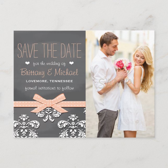 Coral Chalkboard Lace Bow Save the Date Postcard (Front)