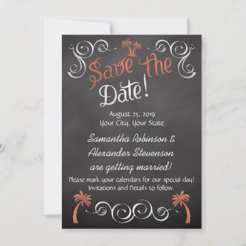 Coral Chalkboard Script Beach Save the Date Invitation