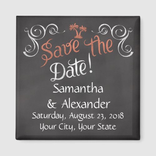 Coral Chalkboard Script Beach Save the Date Magnet