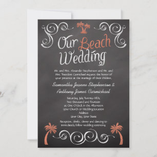 Coral Chalkboard Script Beach Wedding Invitation