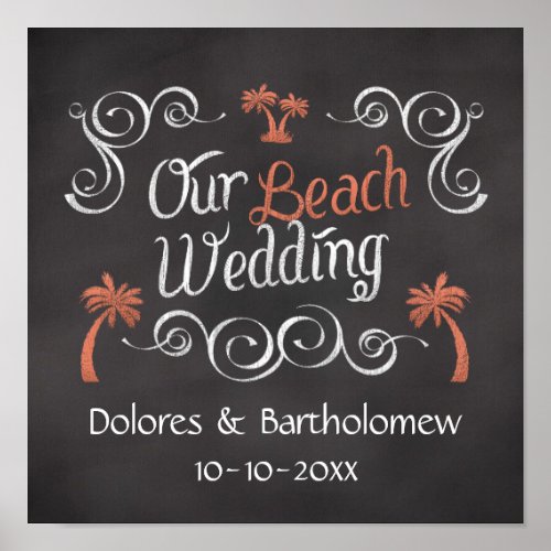Coral Chalkboard Script Beach Wedding Poster