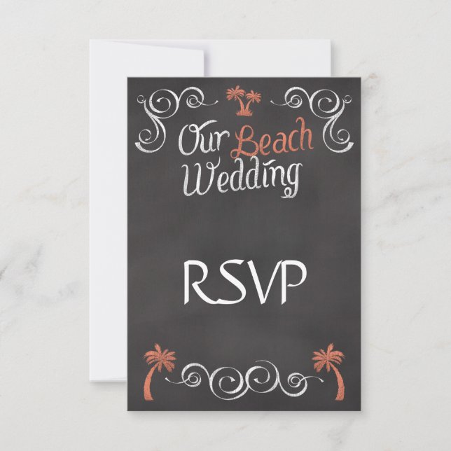 Coral Chalkboard Script Beach Wedding RSVP Card (Front)