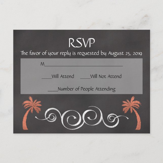 Coral Chalkboard Script Beach Wedding RSVP Reply Invitation Postcard (Front)