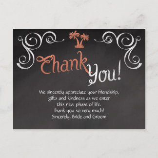 Coral Chalkboard Script Beach Wedding Thank You Postcard