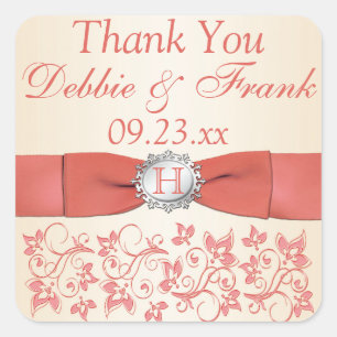 Coral, Champagne Floral Wedding Favor Sticker