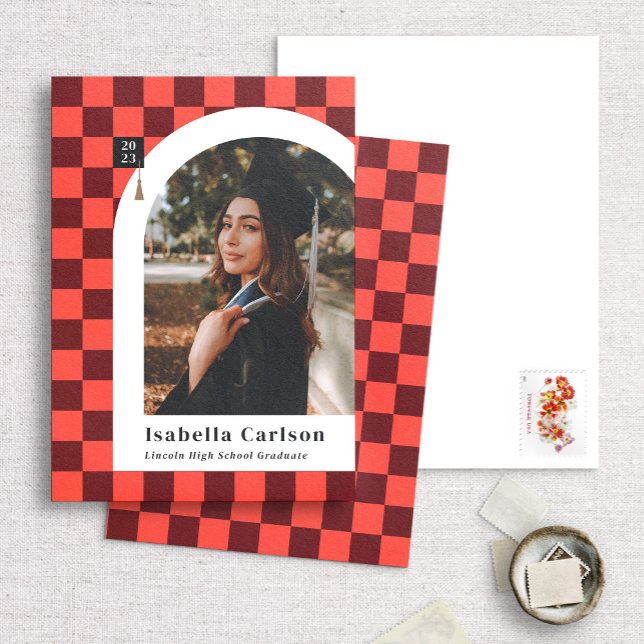 Coral Checkered Arch Photo Graduation Annoucement Announcement (Creator Uploaded)