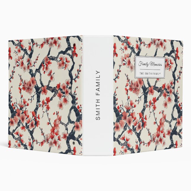 Coral Cherry Blossom Branches Ivory Asian Floral 3 Ring Binder (Background)