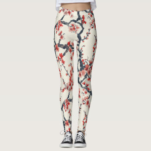 Coral Cherry Blossom Branches Ivory Asian Floral Leggings