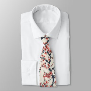 Coral Cherry Blossom Branches Ivory Asian Floral Neck Tie