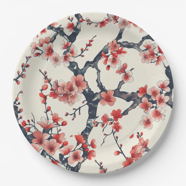Coral Cherry Blossom Branches Ivory Asian Floral Paper Plates (Front)