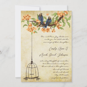 Coral Cherry Blossom Lattice Birdcage Wedding Invitation
