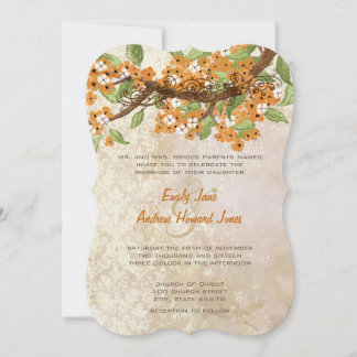 Coral cherry Blossom Tea Stain Wedding Invites