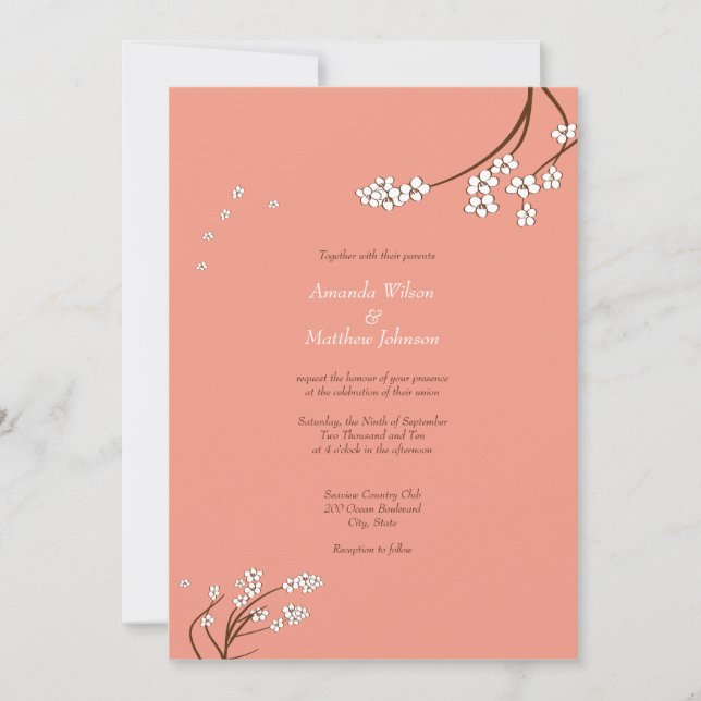Coral Cherry Blossom Wedding Invitations (Front)