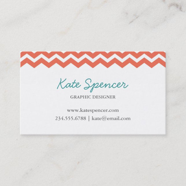 Coral Chevron and Polka Dot Business Card (Front)