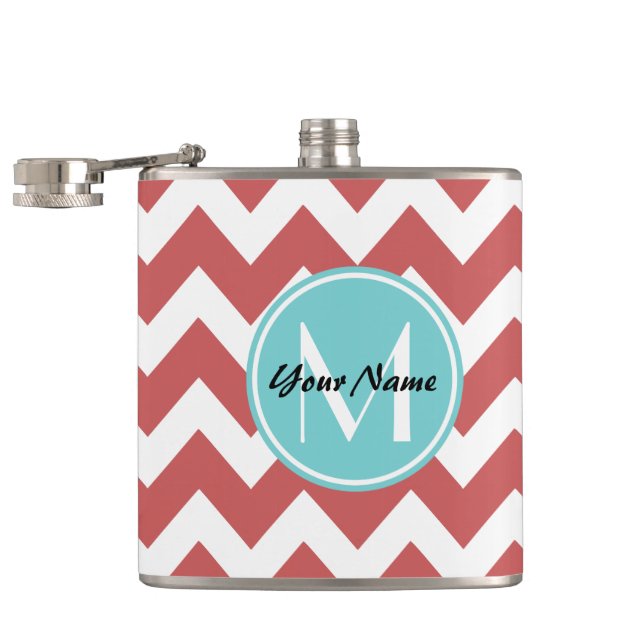 Coral Chevron Aqua Monogram, Personalized Flask (Opened)