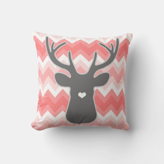Coral Chevron Heart Nose Deer Pillow (Front)