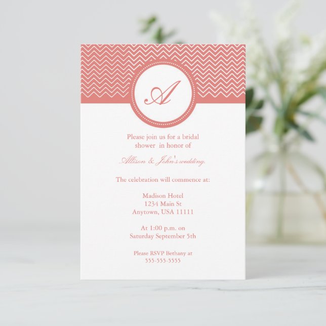 Coral Chevron Monogram Bridal Shower Invitation (Standing Front)