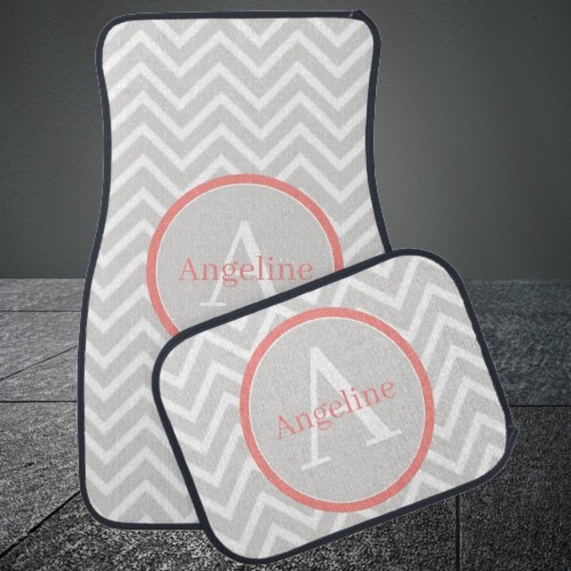 Coral Chevron Monogram Car Floor Mats (Coral Chevron Monogram Personalized Car Mats)
