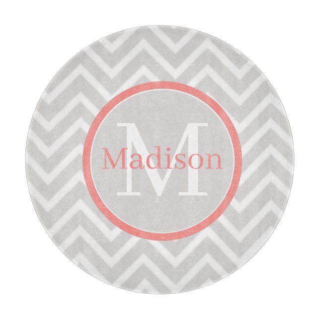 Coral Chevron Monogram Cutting Board (Front)