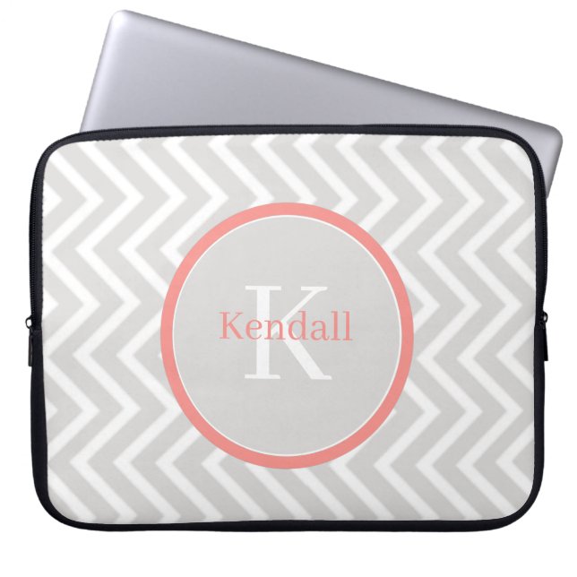 Coral Chevron Monogram Laptop Sleeve (Front)
