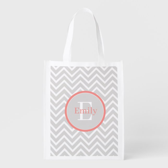 Coral Chevron Monogram Reusable Grocery Bag (Front)