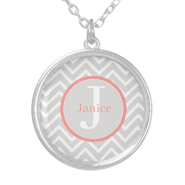 Coral Chevron Monogram Silver Plated Necklace (Front)