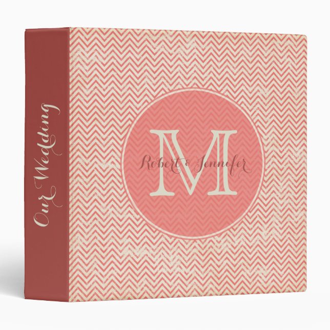 Coral Chevron Monogrammed Wedding Planner 3 Ring Binder (Front/Spine)