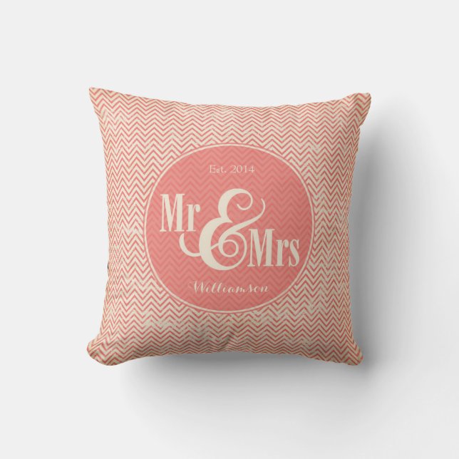 Coral Chevron "Mr & Mrs" pillow, personalized Throw Pillow (Front)