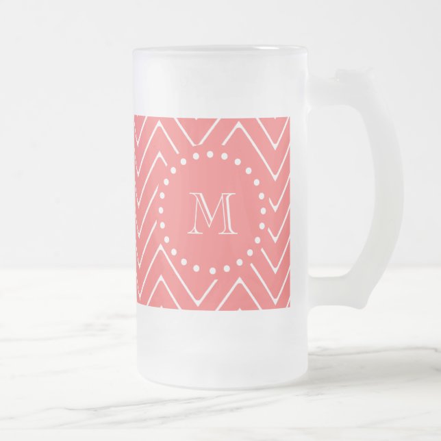 Coral Chevron Pattern | Coral Monogram Frosted Glass Beer Mug (Right)
