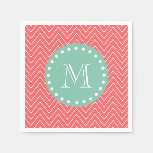 Coral Chevron Pattern | Mint Green Monogram Paper Napkins (Front)