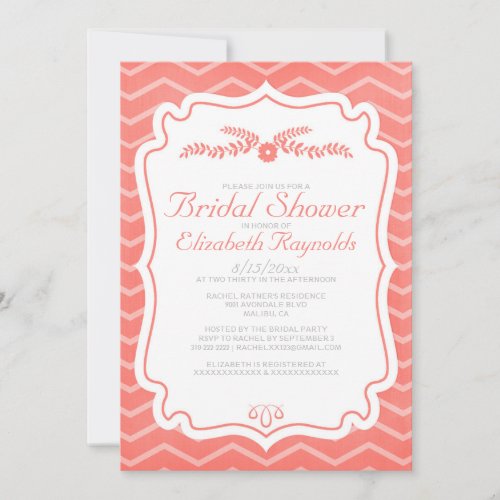Coral Chevron Stripes Bridal Shower Invitations