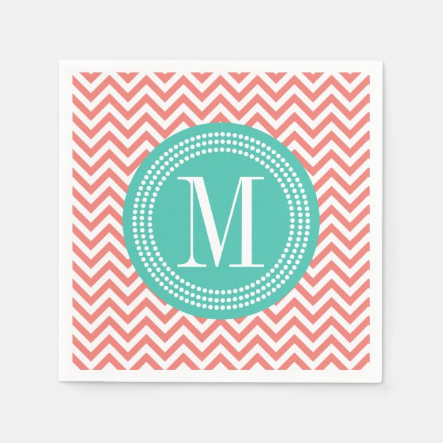 Coral Chevron Zigzag Personalized Monogram Paper Napkins (Front)
