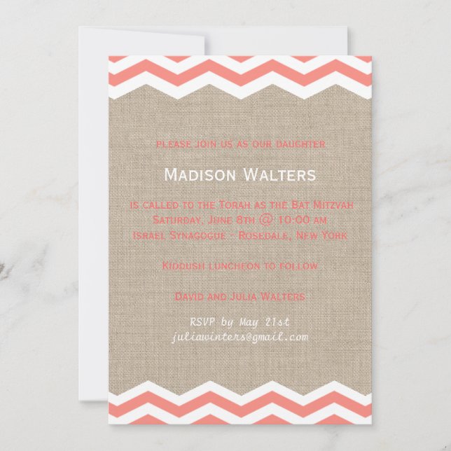Coral Chevrons on Burlap Bat Mitzvah Invitation (Front)