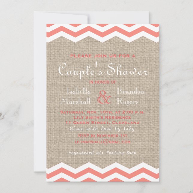 Coral Chevrons on Burlap Couple's Shower Invite (Front)