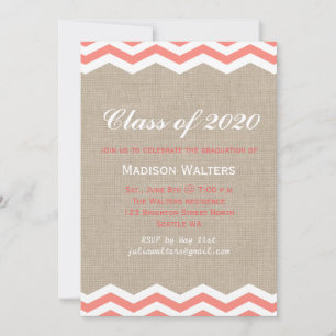 Coral Chevrons on Burlap Graduation Invitation