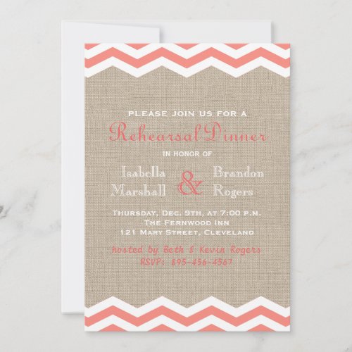 Coral Chevrons on Burlap Rehearsal Dinner Invite