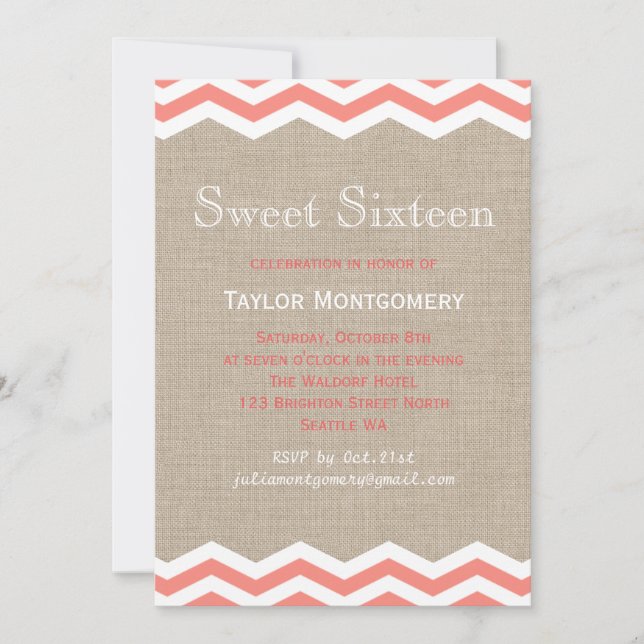 Coral Chevrons on Burlap Sweet Sixteen Invitation (Front)