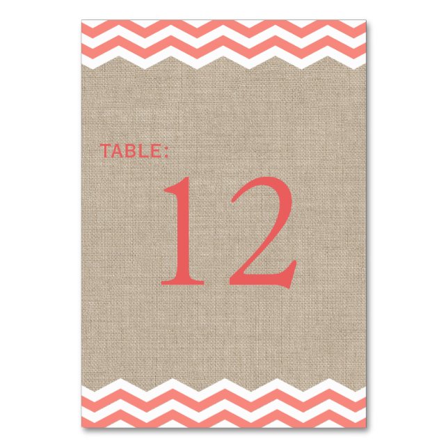 Coral Chevrons on Burlap Table Number (Back)