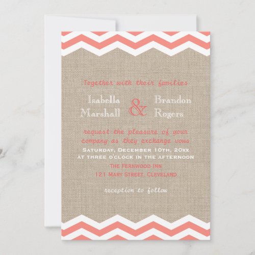 Coral Chevrons on Burlap Wedding Invitation