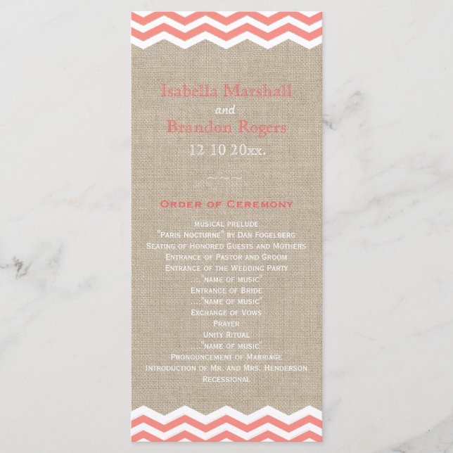 Coral Chevrons on Burlap Wedding Program (Front)
