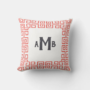 Coral Chinoiserie Wide Greek Key Border Monogram Throw Pillow
