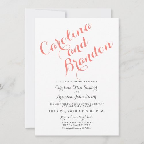 Coral Classic Script Elegant Wedding Invitation