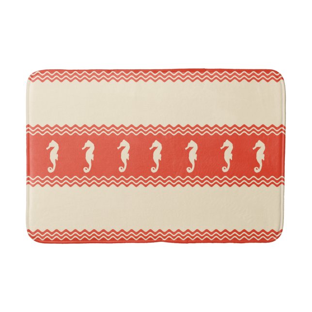 Coral Coastal Seahorses Stripes Bath Mat (Front)