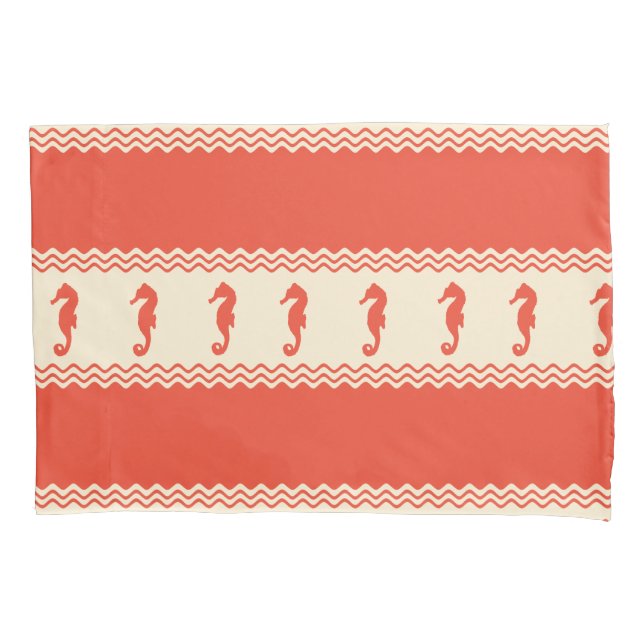 Coral Coastal Seahorses Stripes Pillow Case (Front)