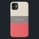 Coral Color Block Pattern with Any Name iPhone 11 Case<br><div class="desc">With minimalist appeal,  this stylish design features a chic color block pattern in coral,  deep taupe and sandy beige. A text template is included for personalizing this case with your name,  monogram initials or other desired text. Available in other color combinations and for a large variety of phone models.</div>