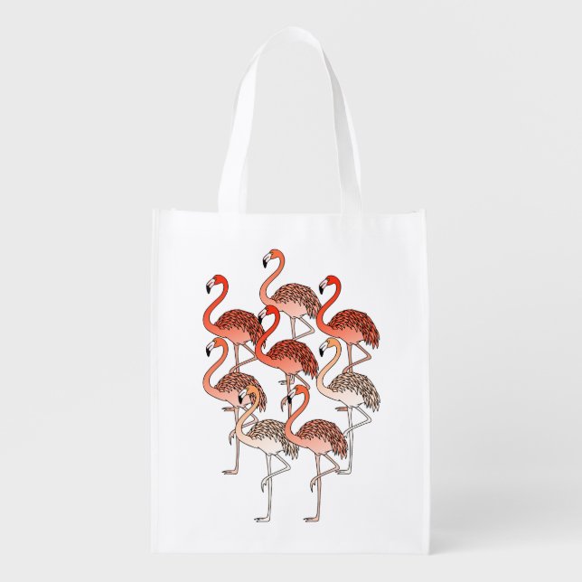 Coral Color Flamingos Grocery Bag (Front)