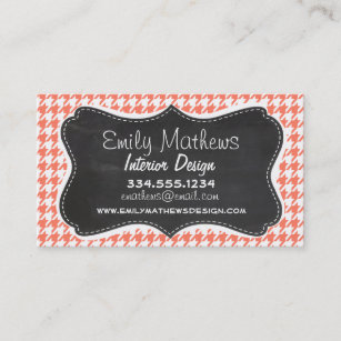 Coral Color Houndstooth; Chalkboard look Business Card