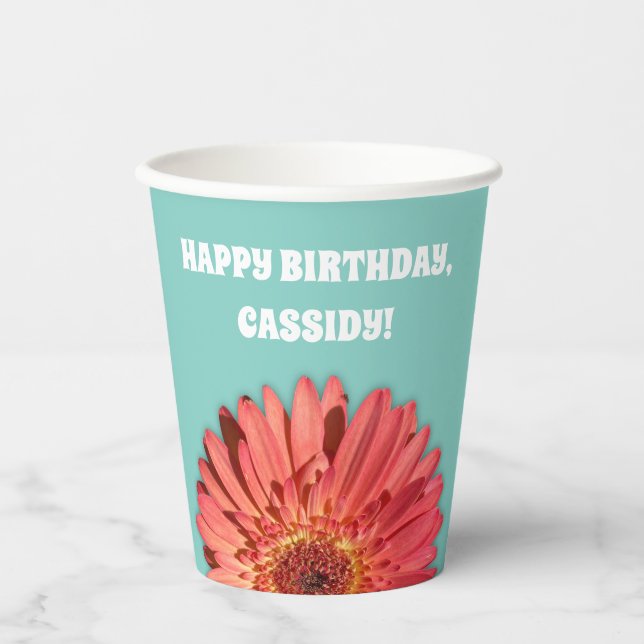 Coral Colored Gerbera Daisy Photo Mint Green Paper Cups (Front)