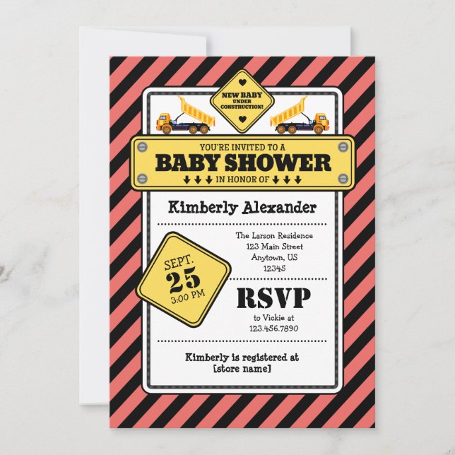 Coral Construction Baby Shower Invitation (Front)