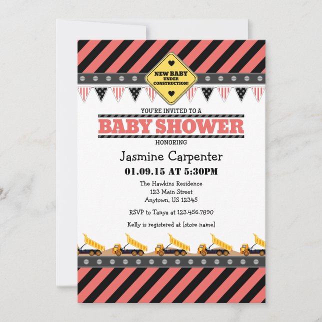 Coral Construction Baby Shower Invitation (Front)